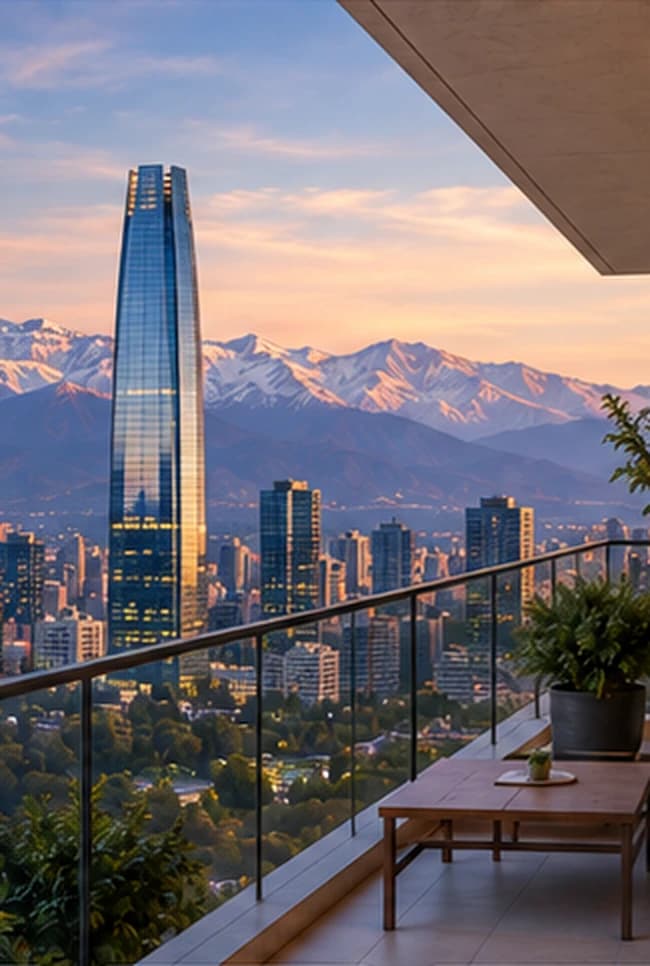 Vista de Santiago, la cordillera de Los Andes y la Torre Costanera Center desde una terraza residencial