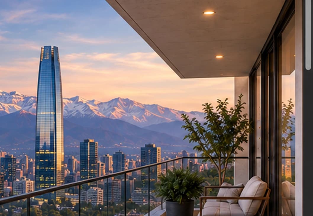 Vista de Santiago, la cordillera de Los Andes y la Torre Costanera Center desde una terraza residencial